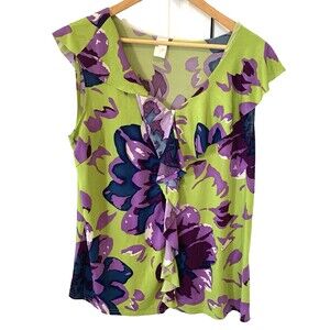 Floral Slinky Jersey Floral Blouse Ruffle Front PopOver 1X Romantic Tropical